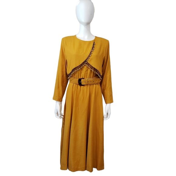 Vintage Dresses & Skirts - Anthony Mark Hankins Yellow South Western Beaded Belted Dress